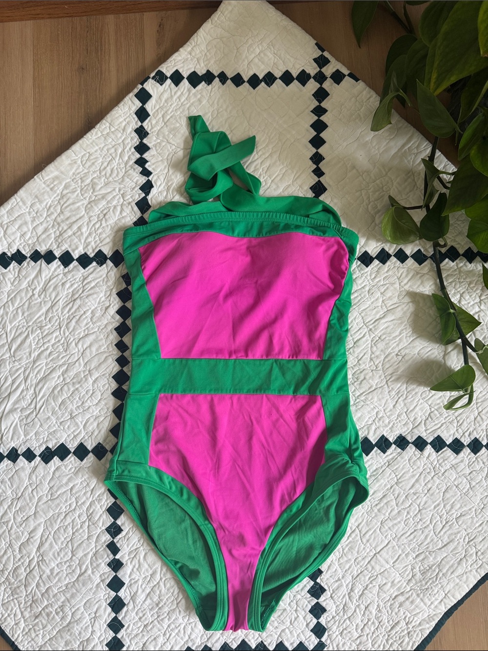 Boden Green and Bright Pink Colorblock Halter One-Piece